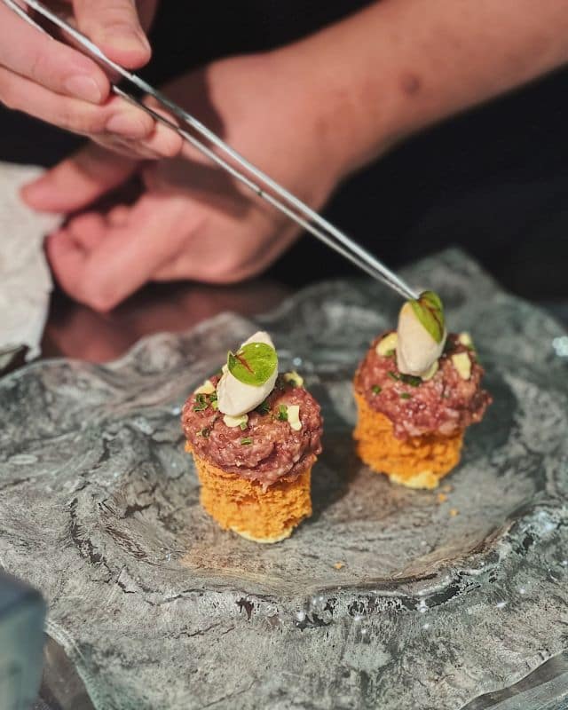 When you can have it in one bite instead of eating tartare with toast on the side? With our Crispy Chipotle Brioche and Caramelized Onion Ice Cream you will have more umami and a sweet touch to your bite with our Dry-Aged Wagyu Beef Tartare! #focrestaurant #foodie #gastronomy